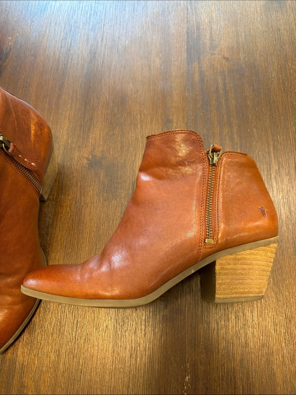 Frye Cognac Leather Ankle Booties with Stacked Heel